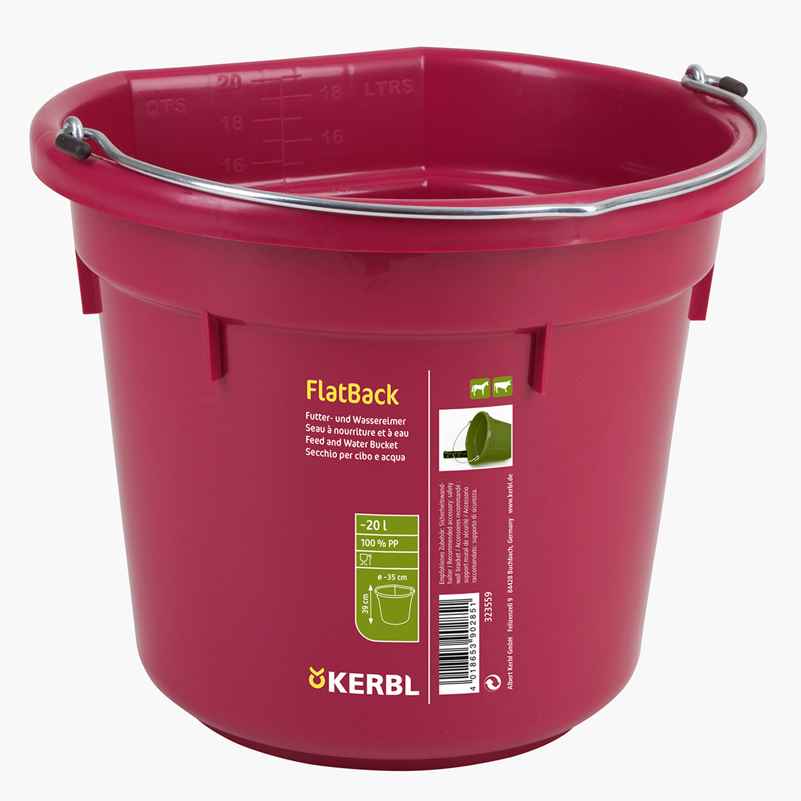 Raspberry Pink Kerbl Futter- und Wassereimer FlatBack,  ca. 20L