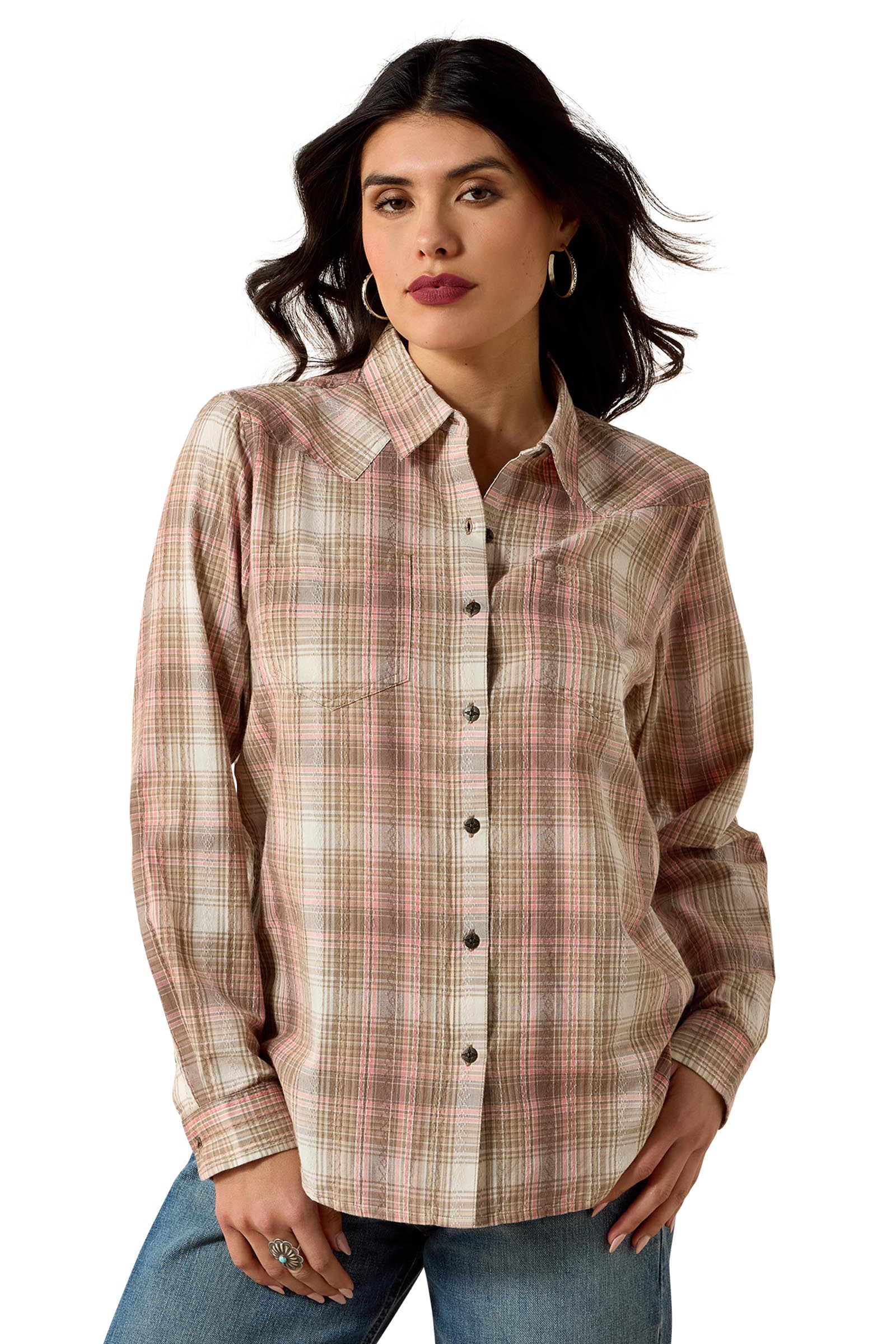 White Pepper Coral Plaid Ariat Billie Jean Damen Hemdbluse mit langen &Auml;rmeln